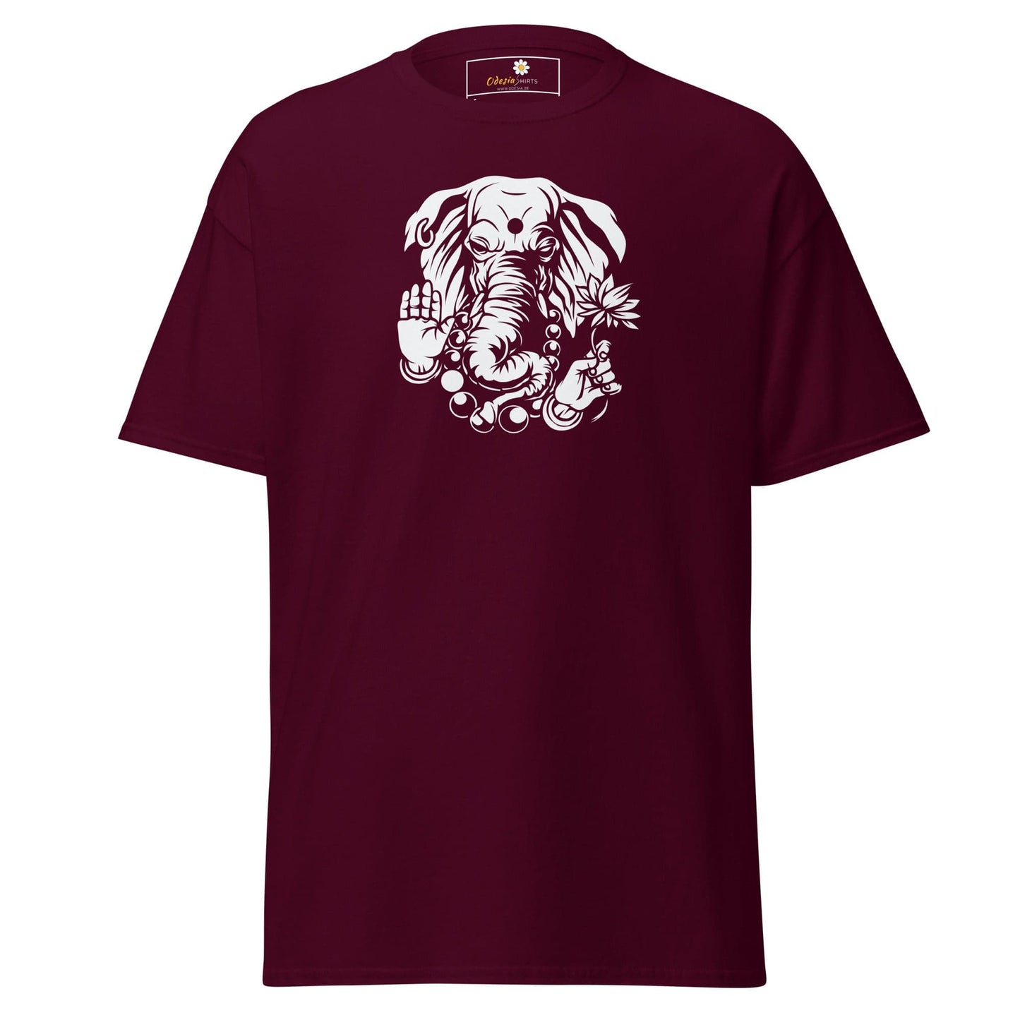 Maroon T-shirt featuring an elephant graphic, suitable for men and women, available in S to XL