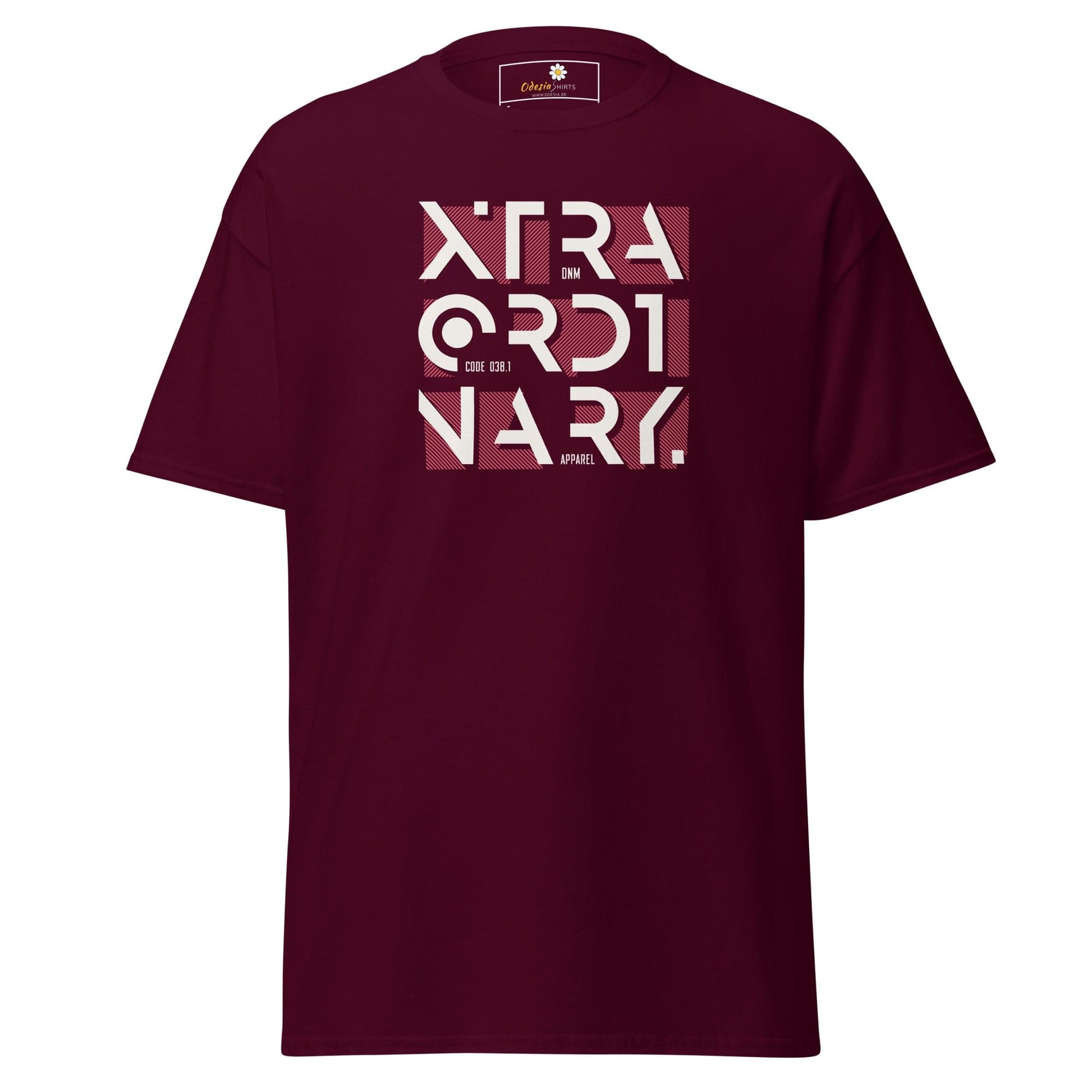 Maroon T-shirt with graphic print for men and women, available in sizes S to XL