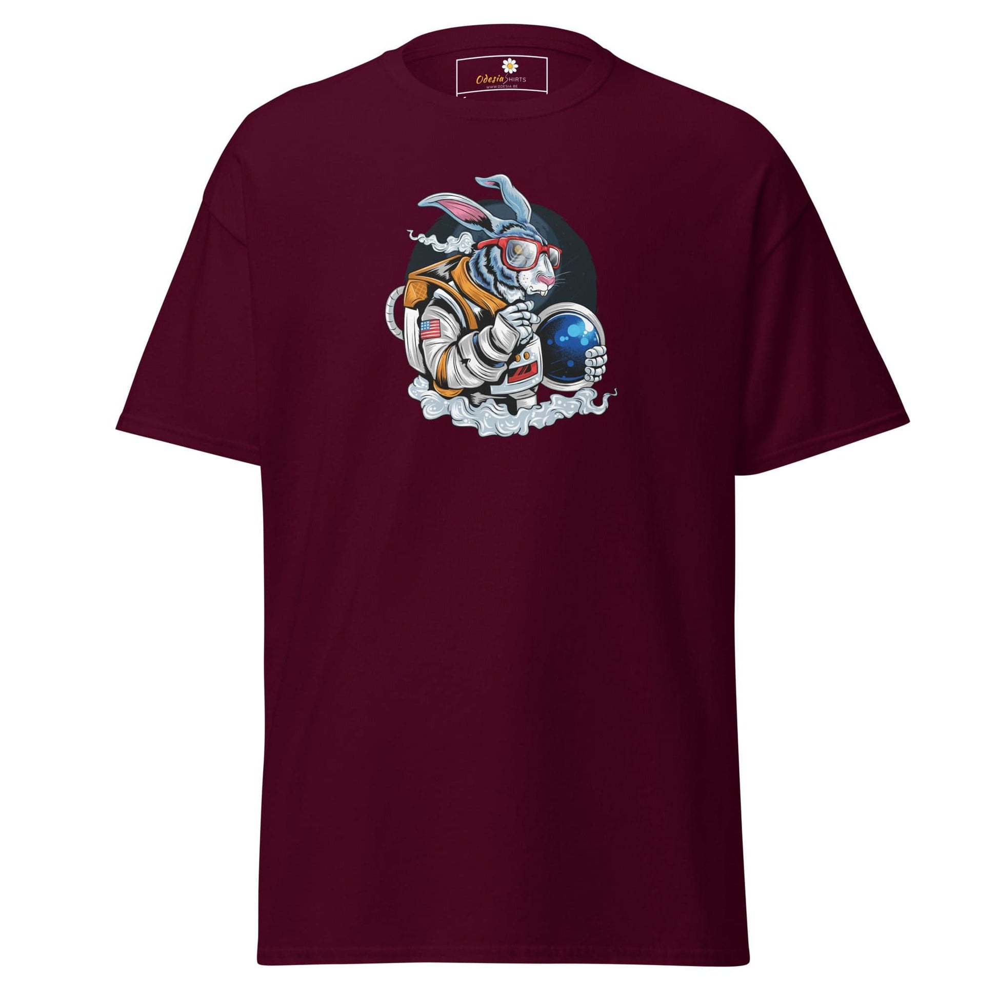 Maroon T-shirt featuring an astronaut rabbit graphic for men and women in sizes S to XL