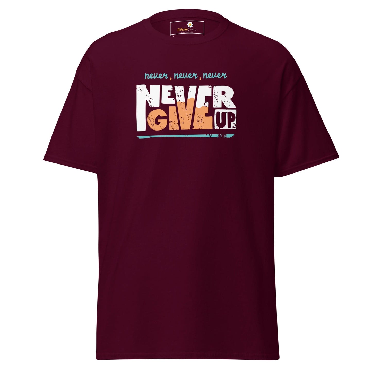 Maroon T-shirt with Never Give Up graphic displayed in T-SHIRT DESIGN TEE MAN WOMAN S XL