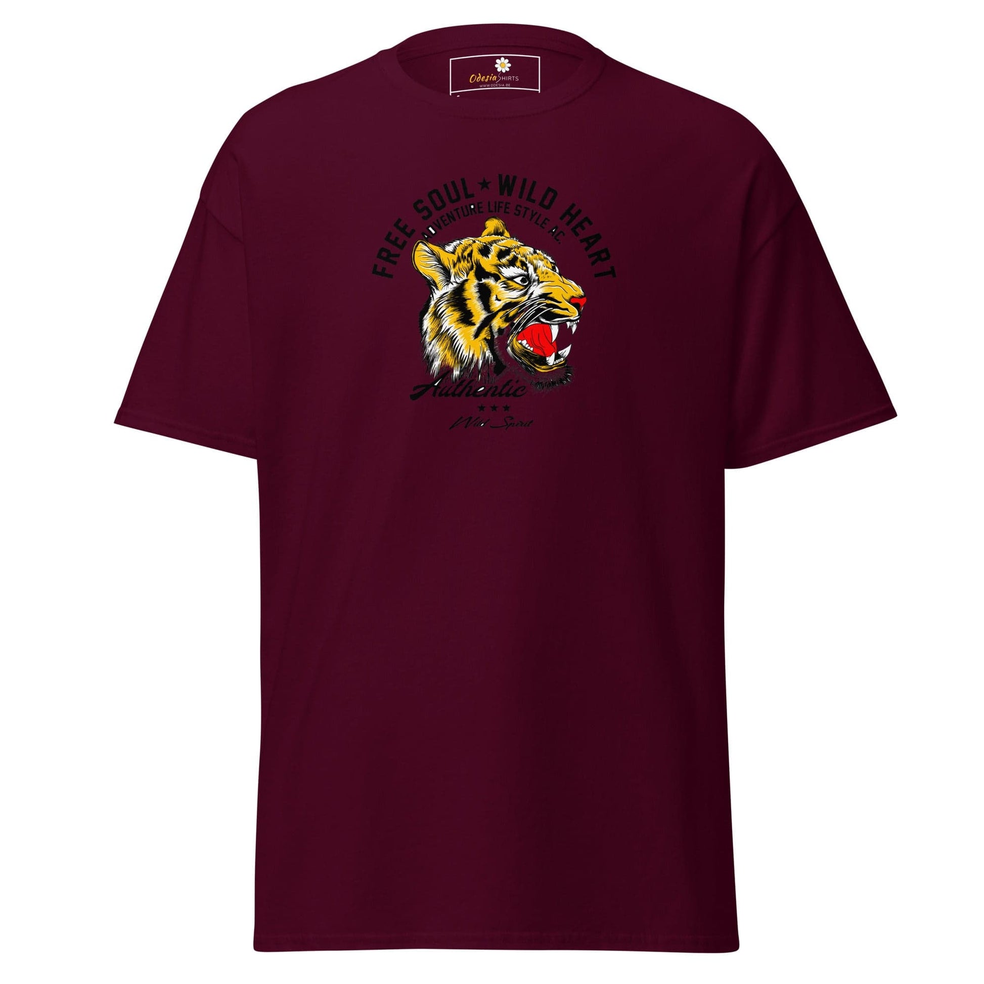 Maroon T-shirt with tiger graphic displayed in T-SHIRT DESIGN TEE for men and women