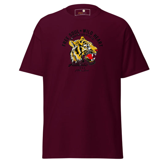 Maroon T-shirt with tiger graphic displayed in T-SHIRT DESIGN TEE for men and women