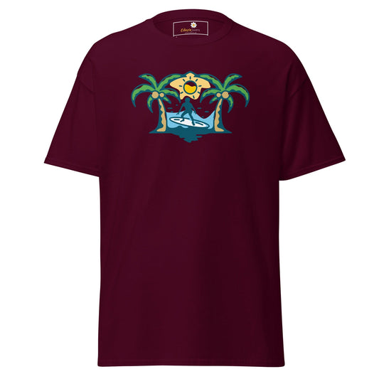 Maroon T-shirt featuring tropical surfer graphic, available in Men and Women sizes S to XL