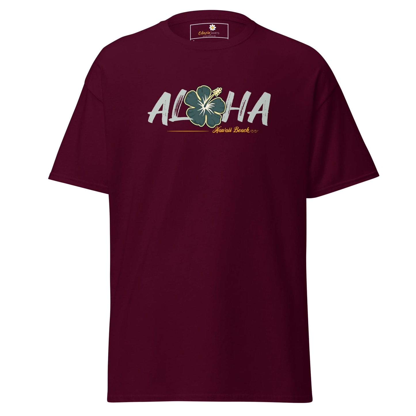Maroon T-shirt with Aloha graphic for men and women in sizes S to XL
