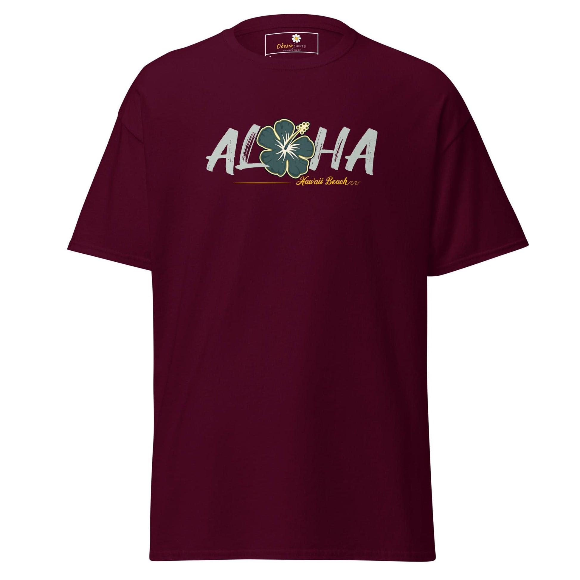 Maroon T-shirt with Aloha graphic for men and women in sizes S to XL