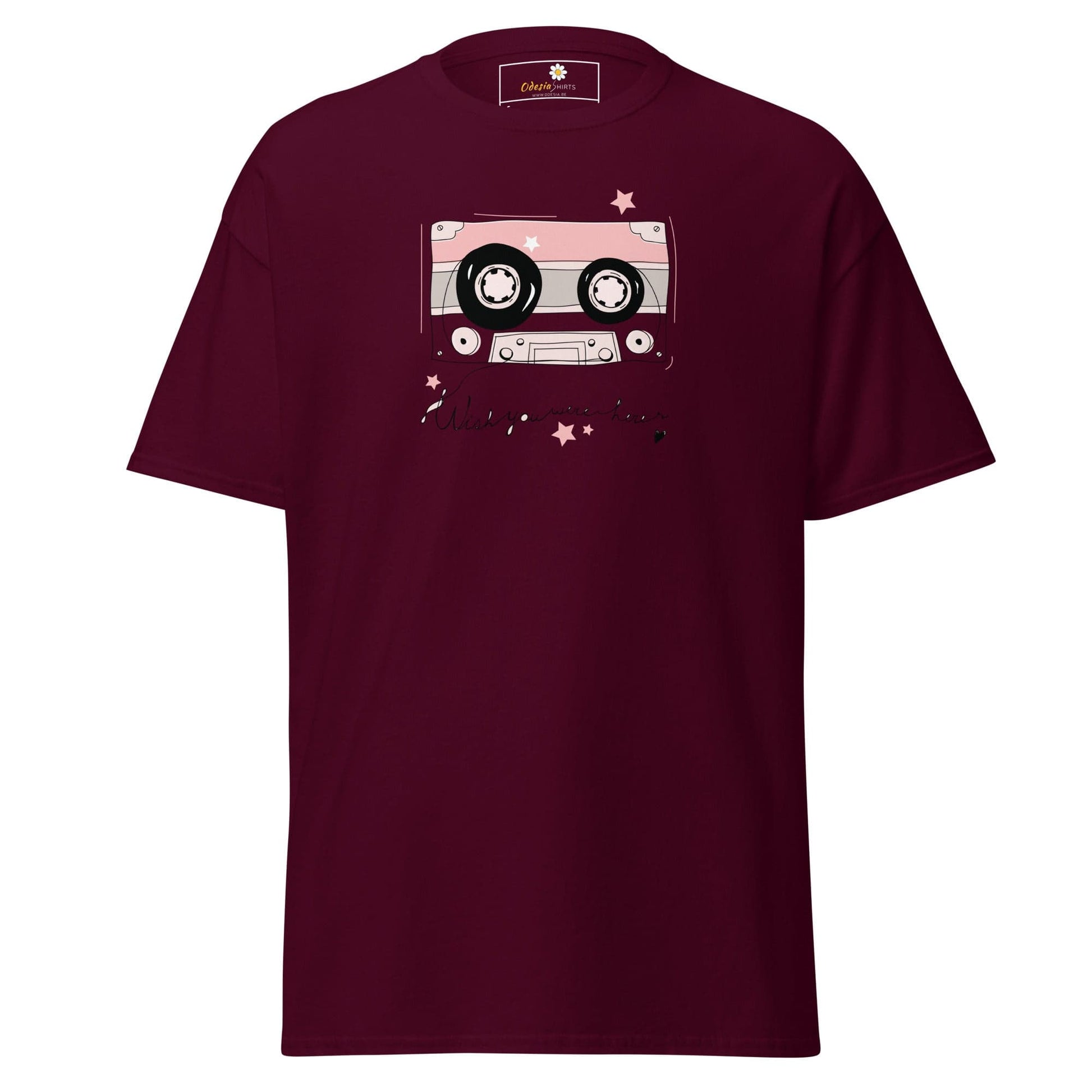 Maroon T-shirt featuring a cassette tape graphic for both men and women, available in S to XL
