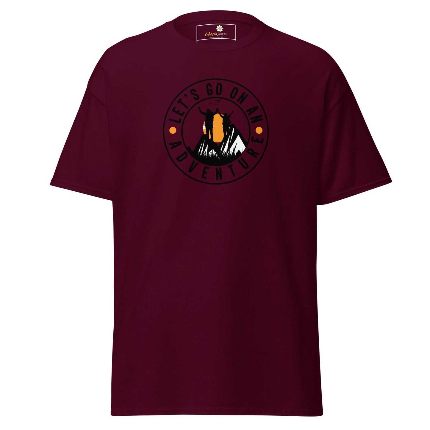 Maroon T-shirt with adventure graphic for Men and Women, available in sizes S to XL