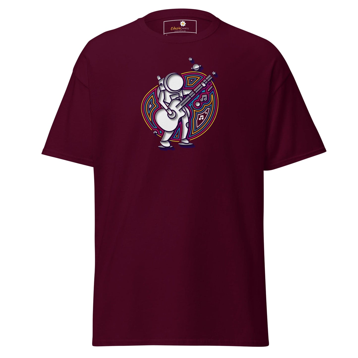 Maroon T-shirt with astronaut graphic for Men and Women sizing S to XL