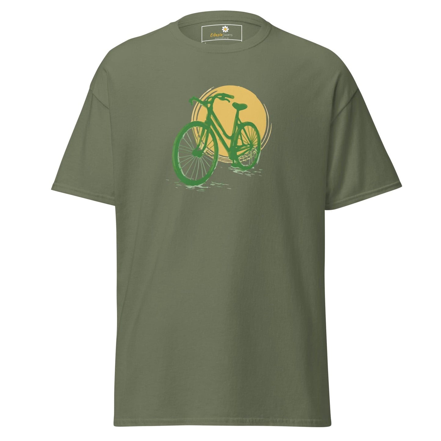 Olive green T-shirt with a bicycle graphic for men and women in sizes S to XL