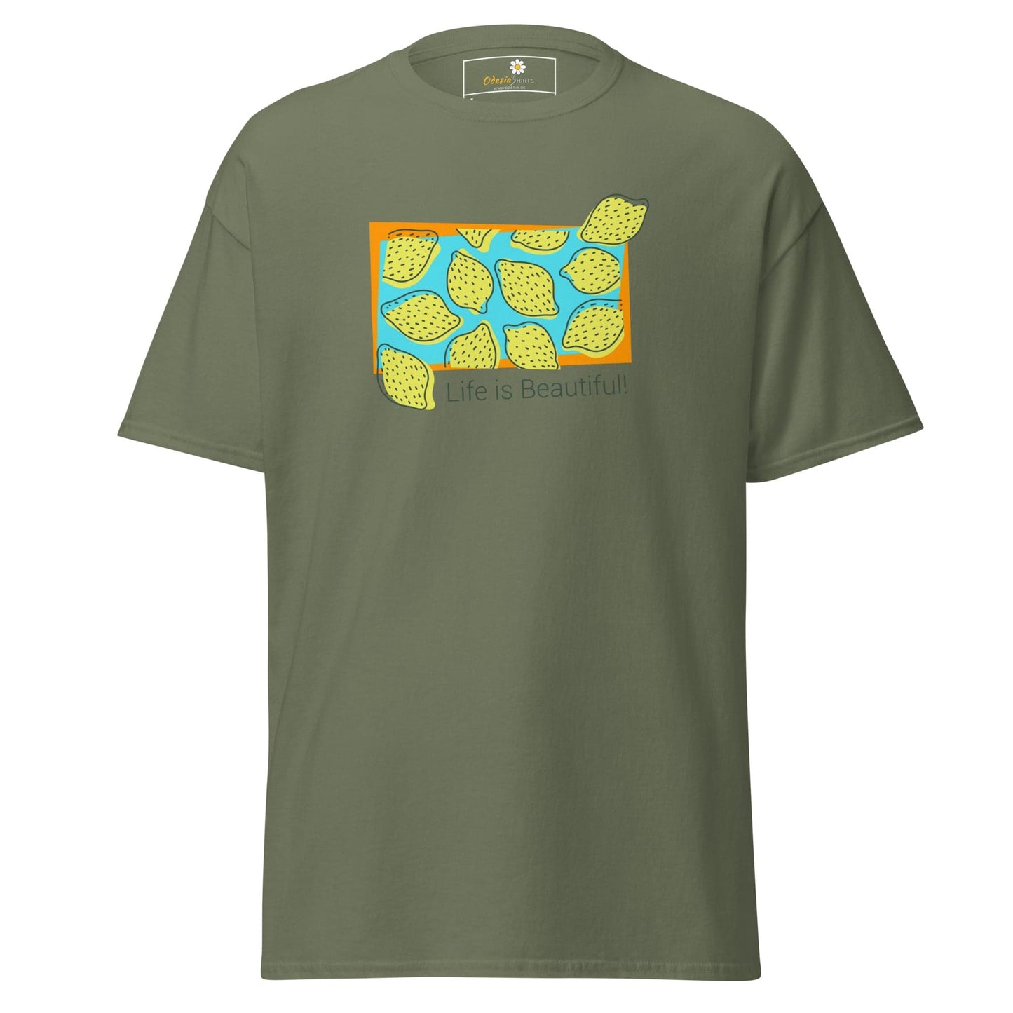 Olive green T-shirt with lemon graphic displayed in T-SHIRT DESIGN TEE for men and women