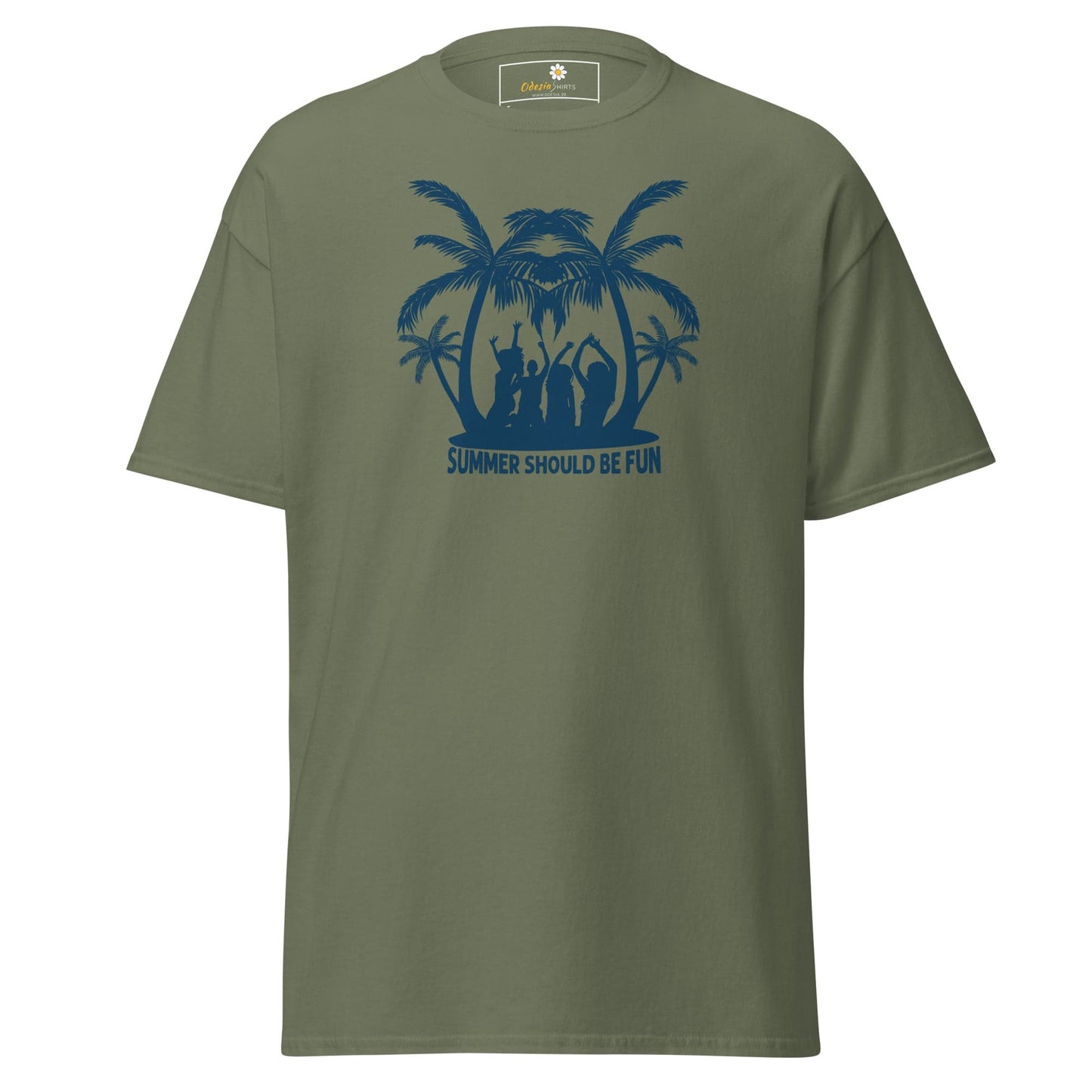 Olive green T-shirt with summer-themed graphic for Men and Women, available in S to XL
