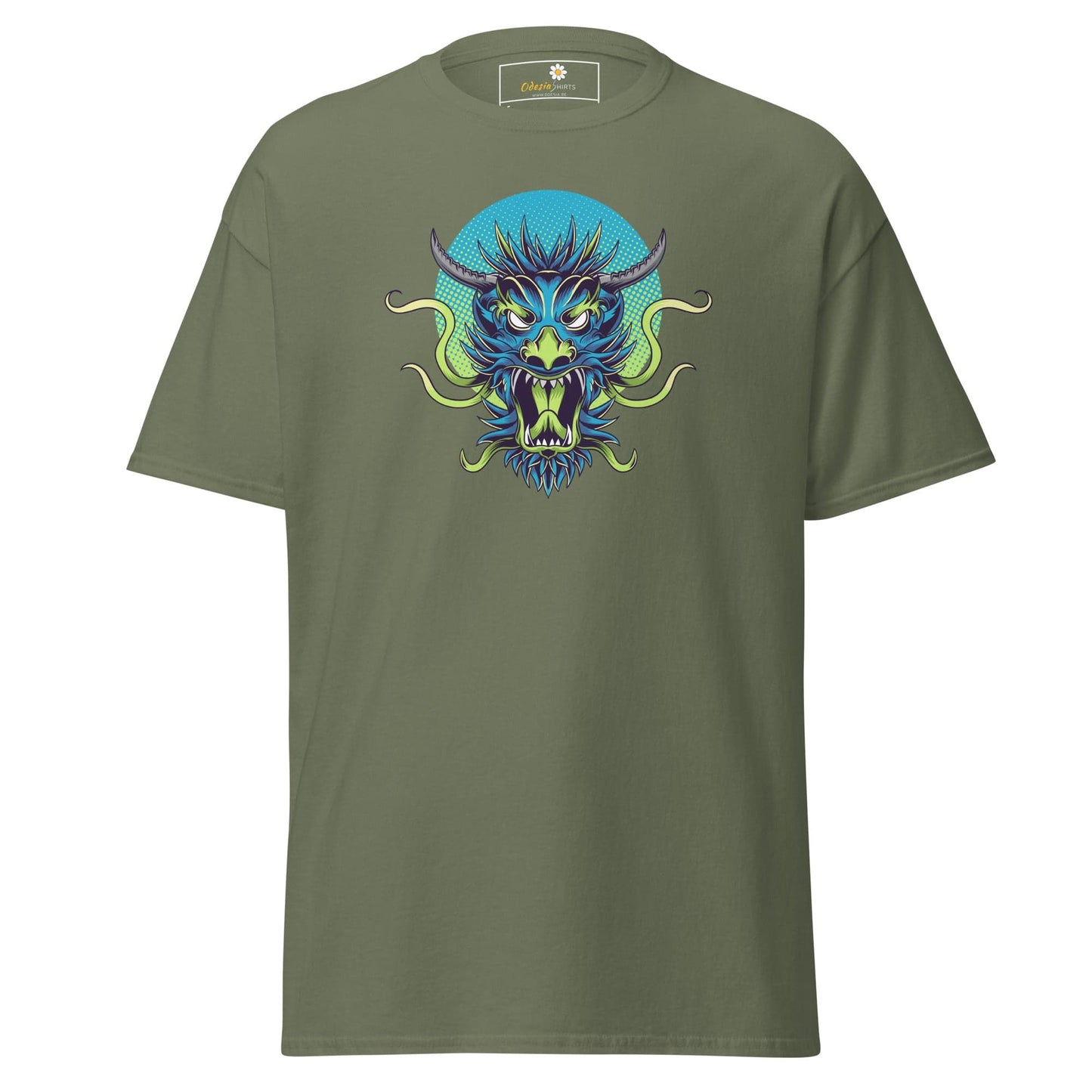 Olive green T-shirt with dragon graphic from T-SHIRT DESIGN TEE for men and women