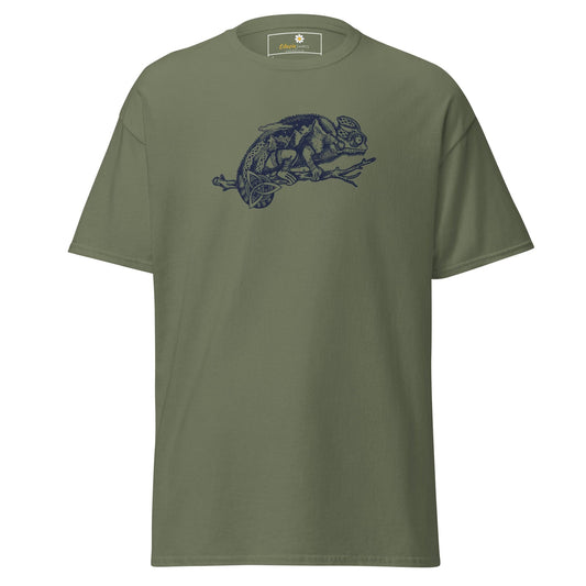 Olive green T-shirt with chameleon graphic for Men and Women in size S to XL