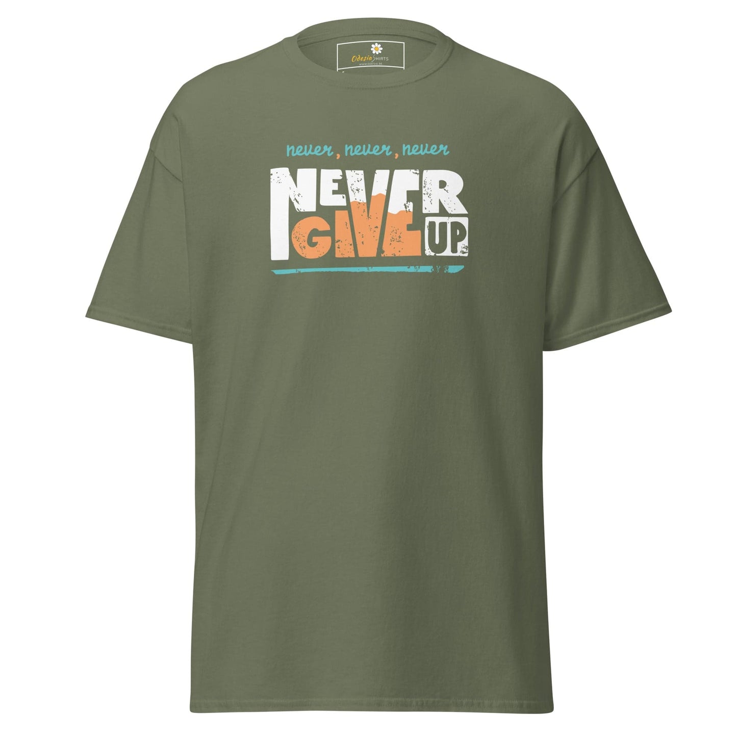 Olive green T-shirt with Never Give Up graphic for men and women in sizes S to XL