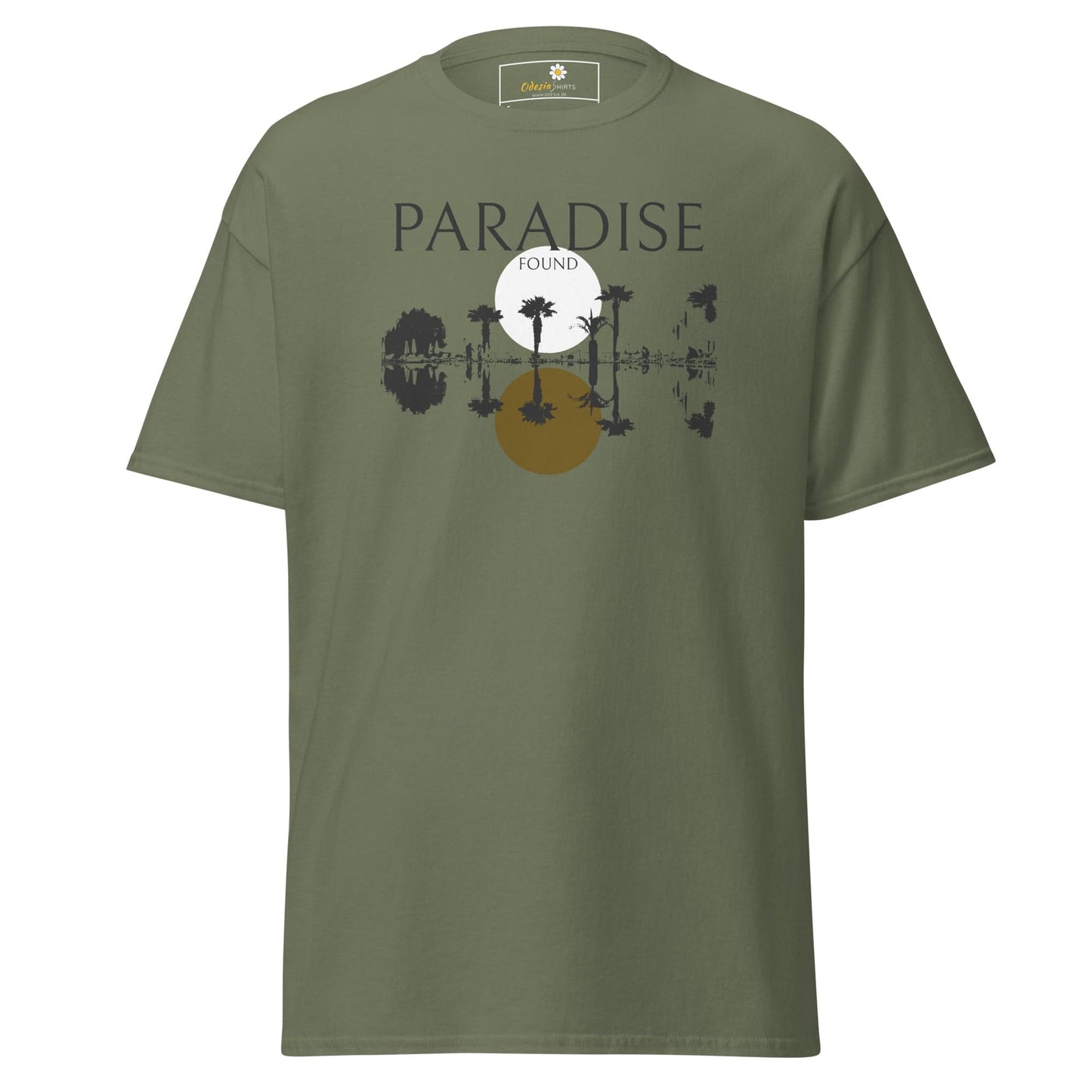 Olive green tropical graphic T-shirt for men and women in S to XL sizes