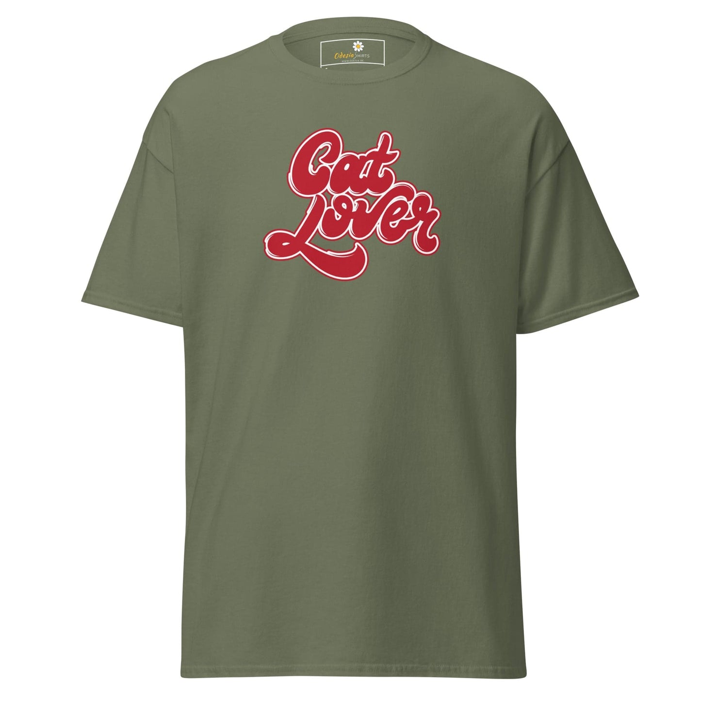 Olive green T-shirt with Cat Lover graphic for men and women in size S to XL