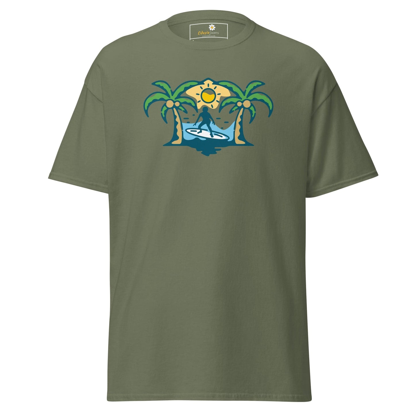 Olive green T-shirt with surfer graphic for men and women in sizes S to XL