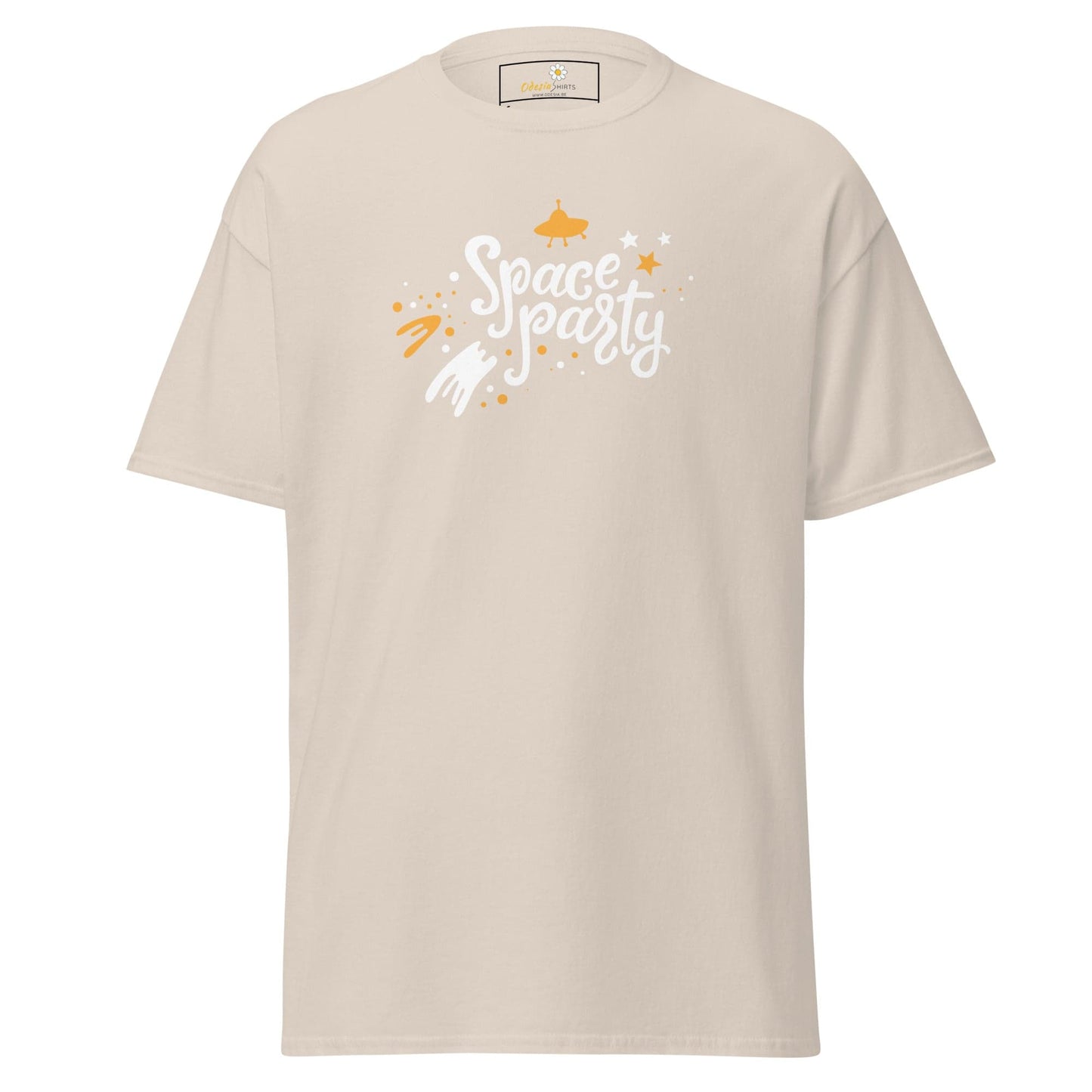 Beige space-themed graphic T-shirt for men and women available in sizes S to XL