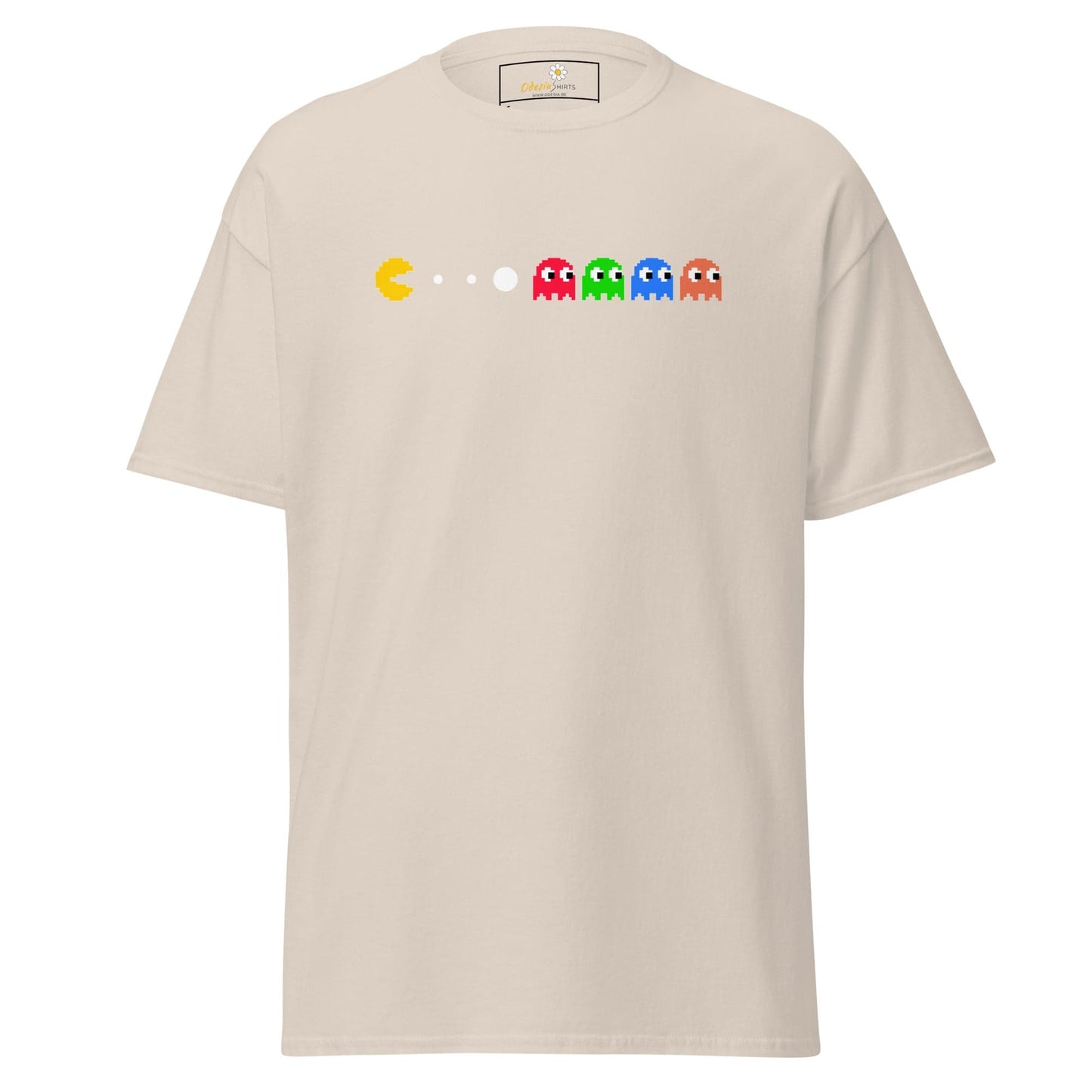 Beige T-shirt with Pac-Man design for men and women in sizes S to XL