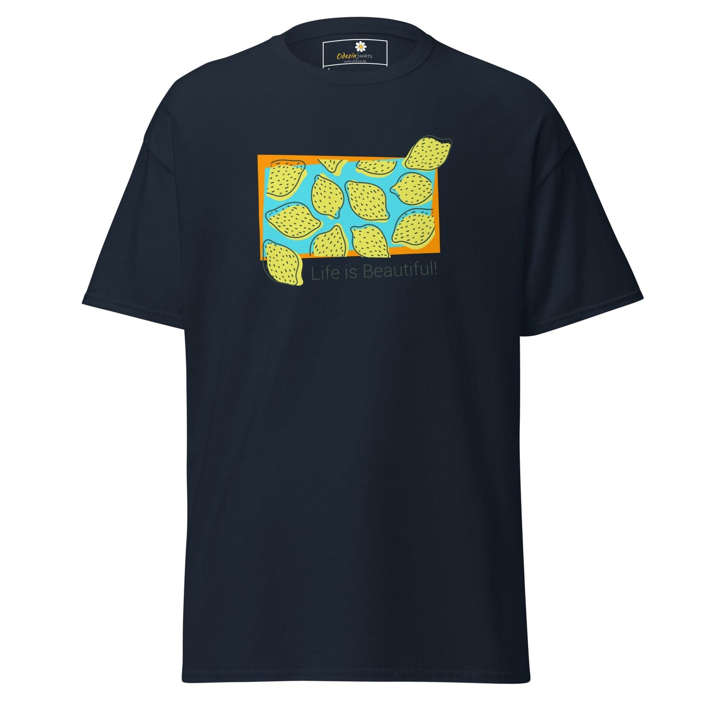 Navy T-shirt with lemon graphic available in S to XL for men and women