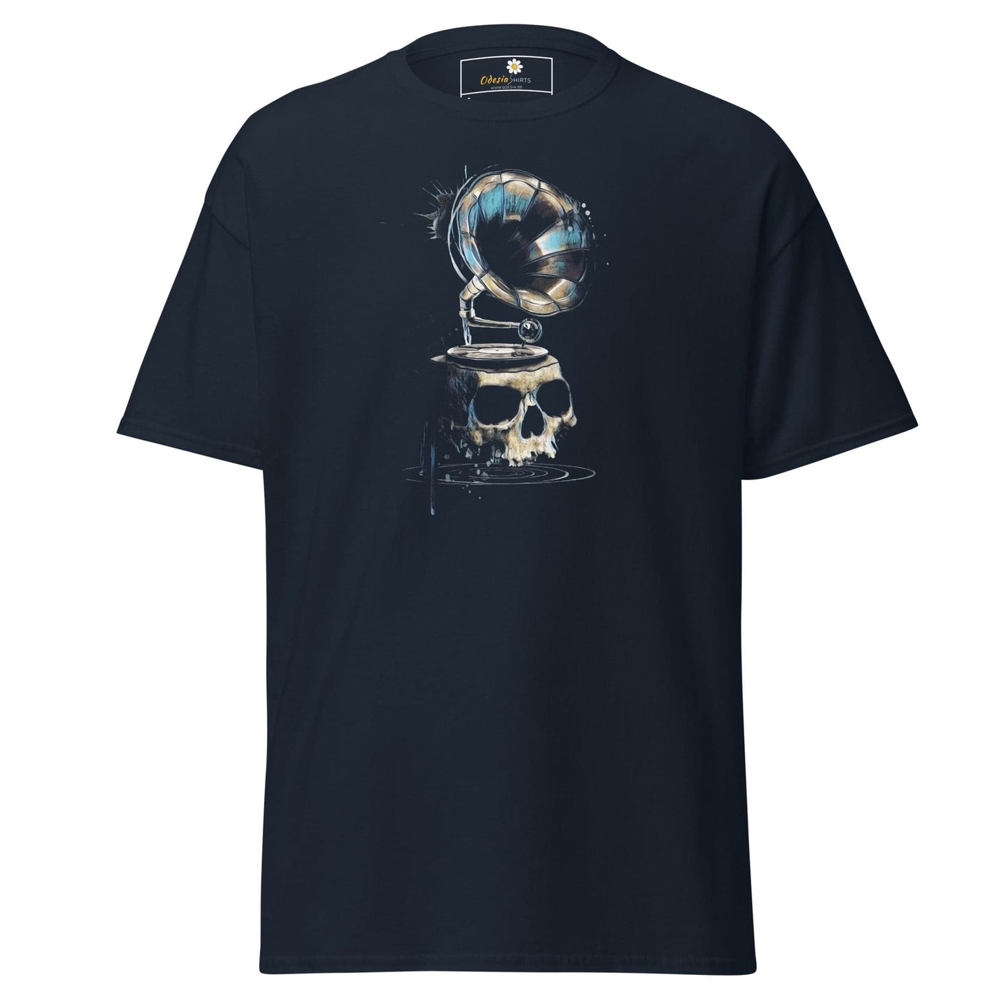 Navy T-shirt with skull and gramophone graphic for Men and Women, sizes S to XL