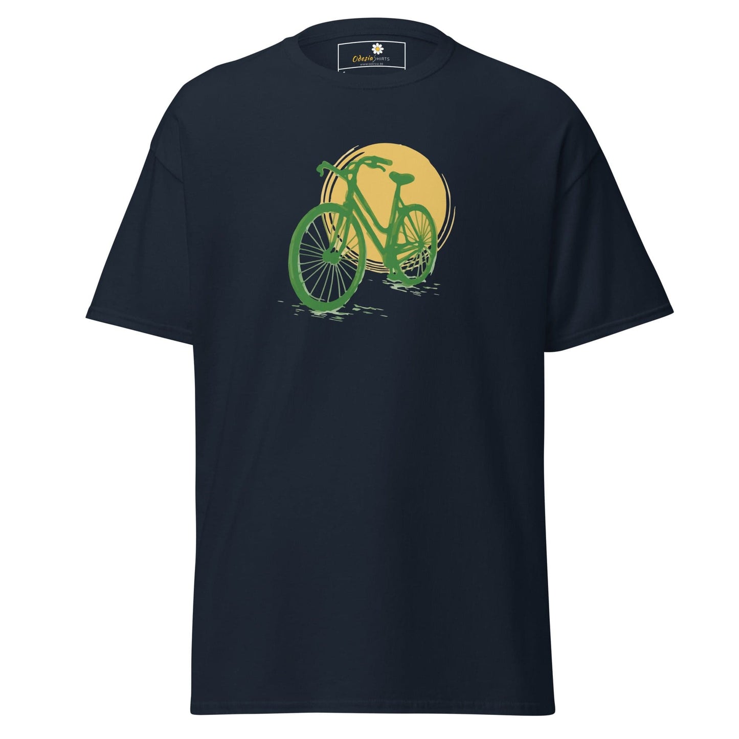 Navy blue T-shirt with green bicycle graphic, suitable for men and women sizes S to XL