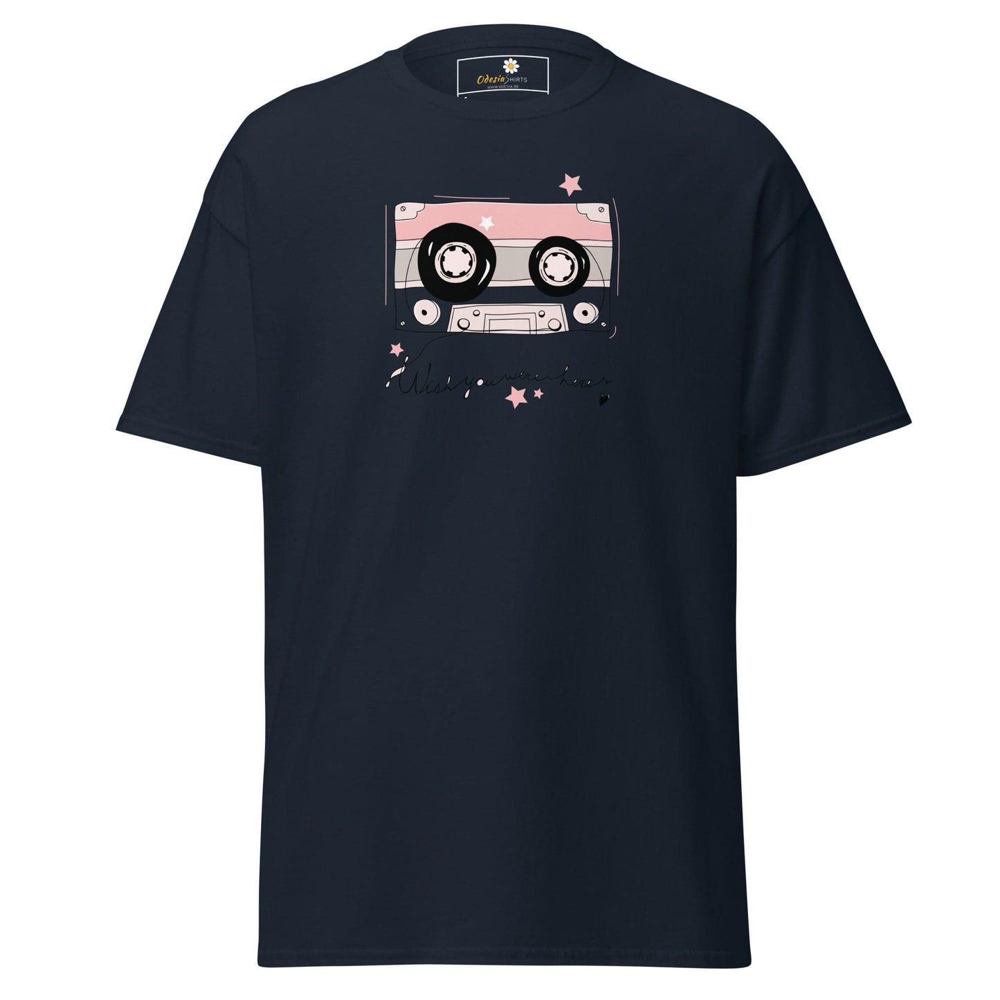 Navy T-shirt featuring cassette tape graphic, suitable for men and women, sizes S to XL