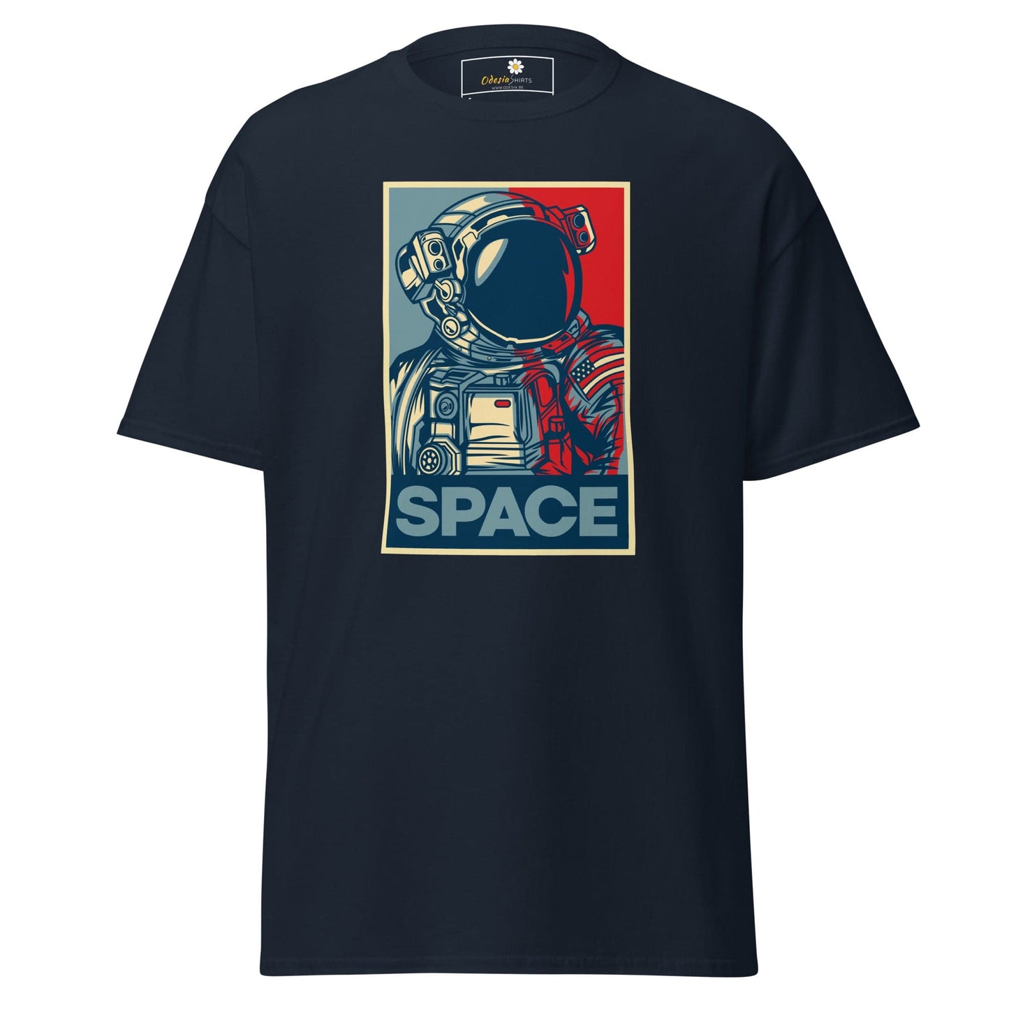 Navy blue T-shirt with astronaut graphic for men and women, available in sizes S to XL