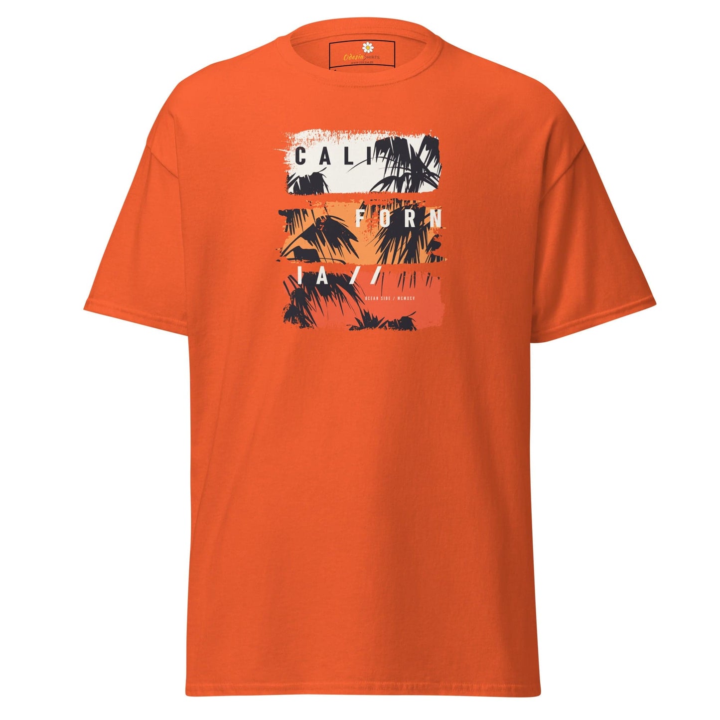 Orange T-shirt with California graphic for men and women in S to XL sizes