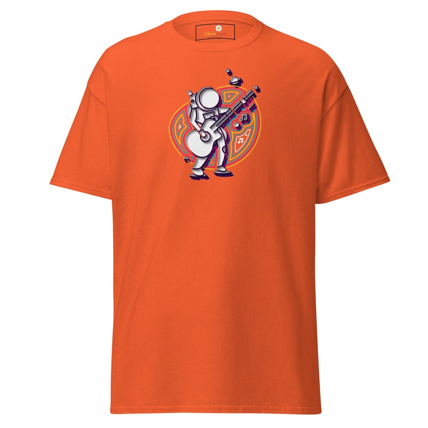 Orange T-shirt with astronaut guitarist graphic for men and women, available in sizes S to XL