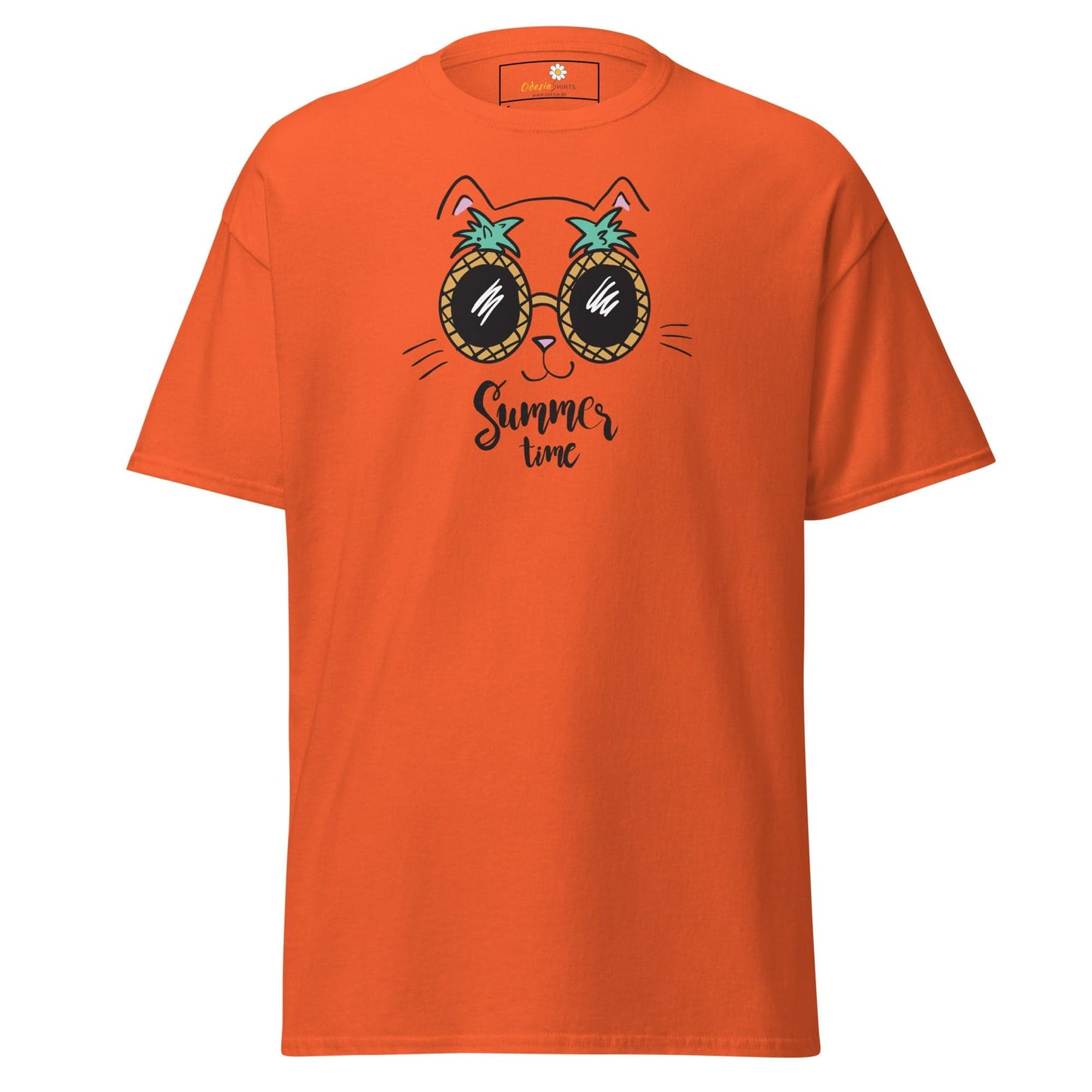 Orange T-shirt featuring a cat with pineapple sunglasses for men and women size S to XL