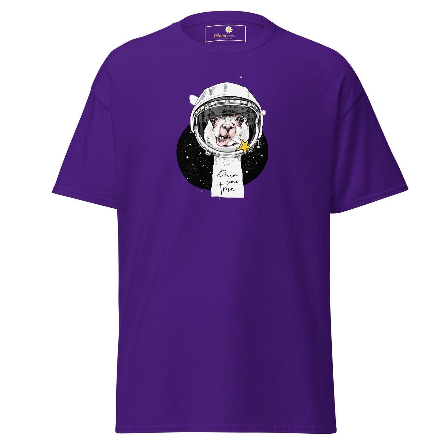 Purple T-shirt with astronaut llama graphic for men and women in size S to XL