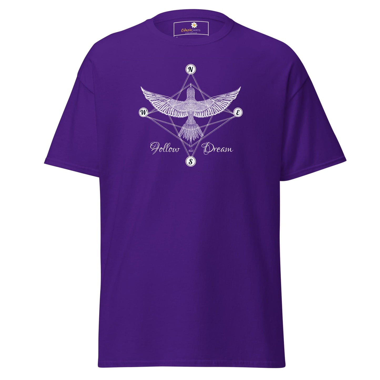 Purple T-shirt featuring a bird design, unisex style available in sizes S to XL