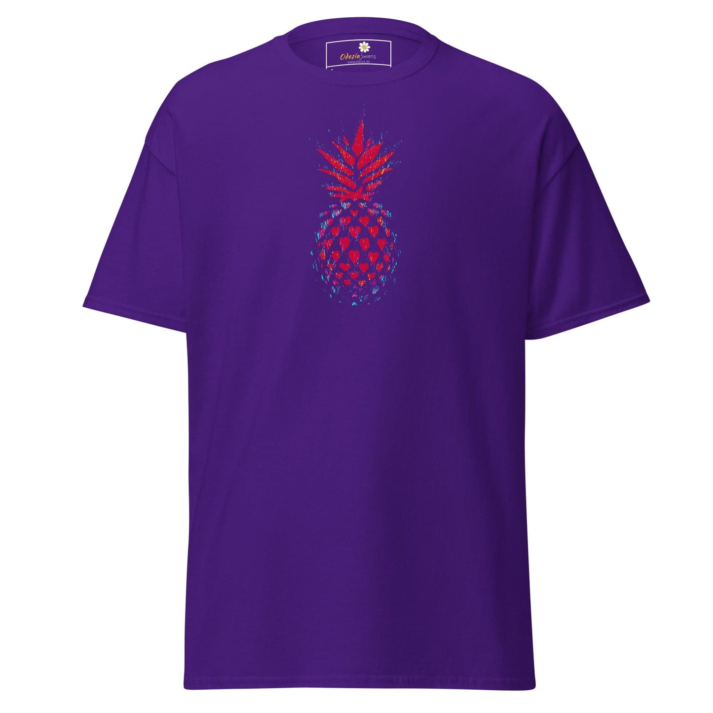 Purple T-shirt with pineapple graphic for men and women, available in sizes S to XL