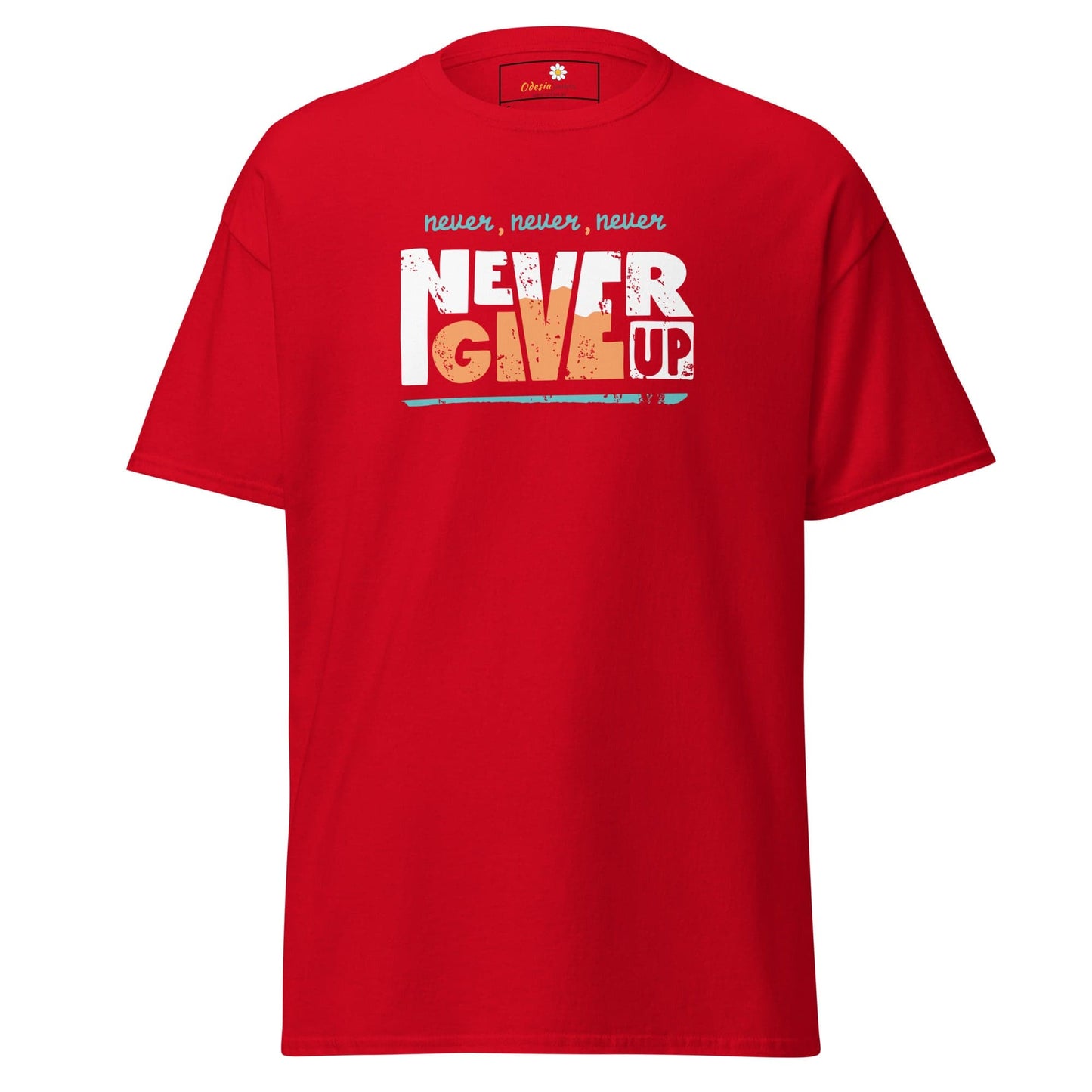 Red T-shirt with Never Give Up graphic for Men and Women in sizes S to XL