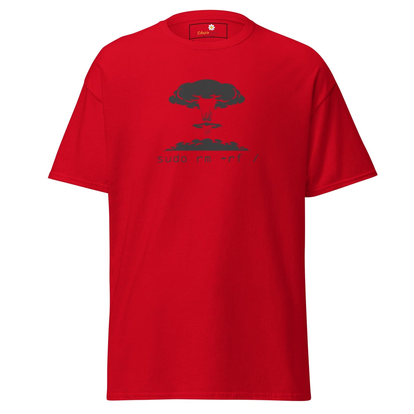 Red T-shirt with graphic design for men and women available in sizes S to XL