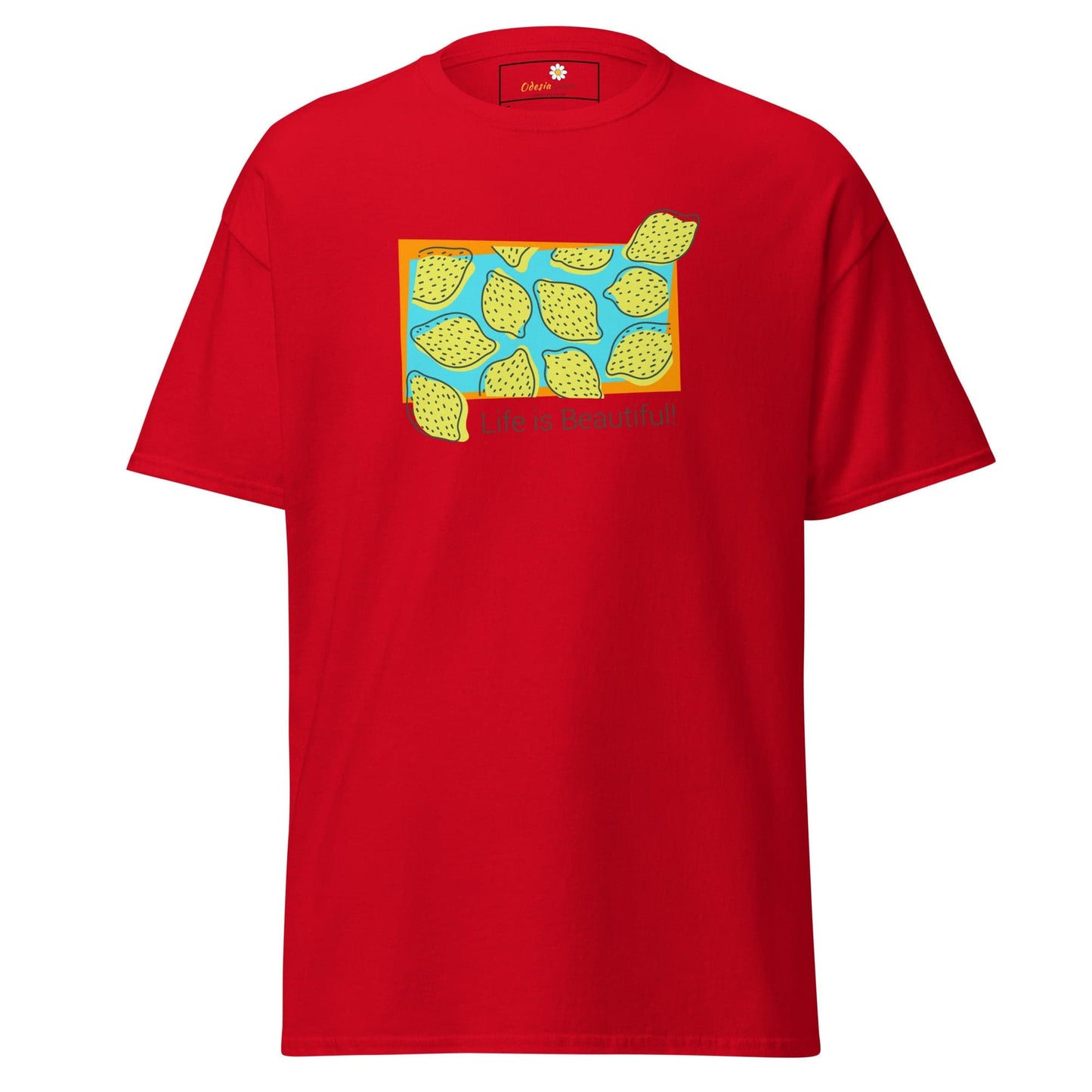 Red T-shirt with lemon graphic from T-SHIRT DESIGN TEE for Men and Women size S to XL