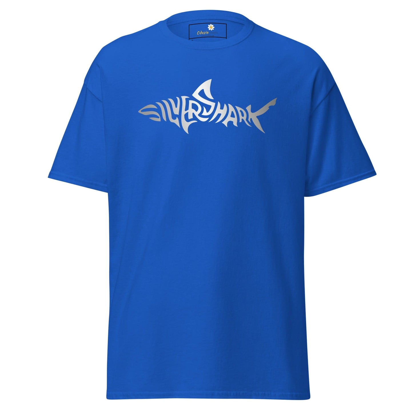 Blue T-shirt with silver shark design for Men and Women in sizes S to XL