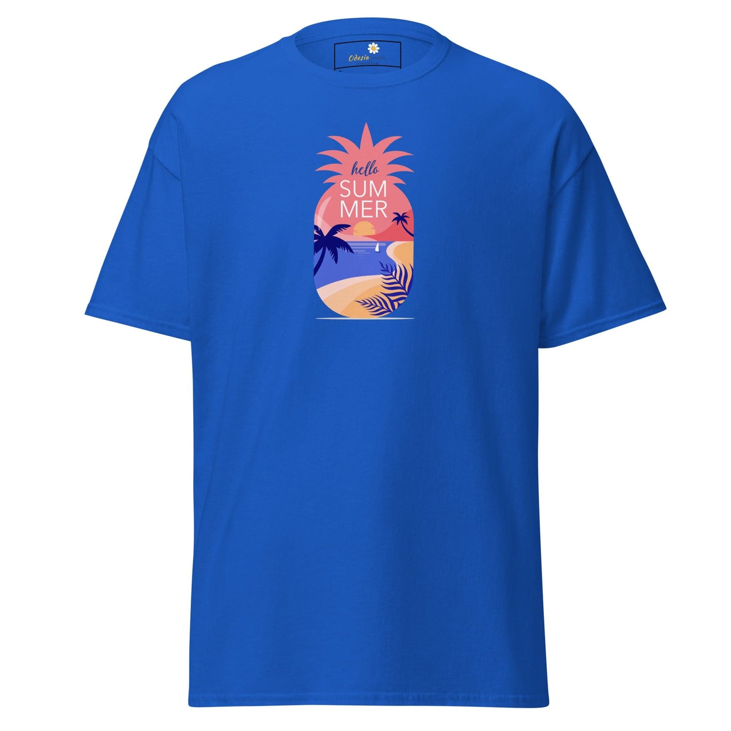 Blue t-shirt featuring a tropical pineapple summer scene for men and women sizes S to XL