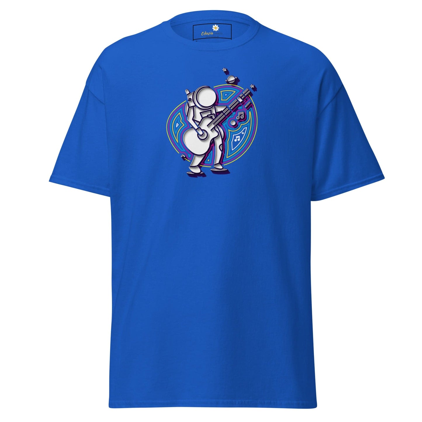 Blue T-shirt with astronaut graphic for men and women in sizes S to XL