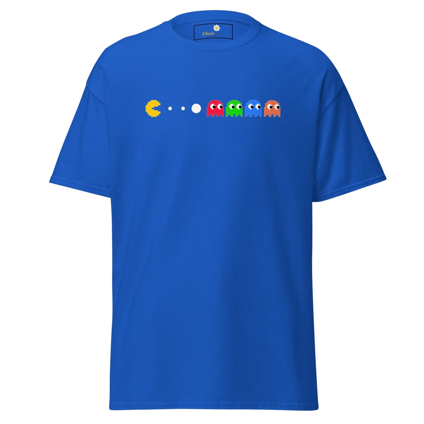 Blue T-shirt with Pac-Man design suitable for men and women in sizes S to XL