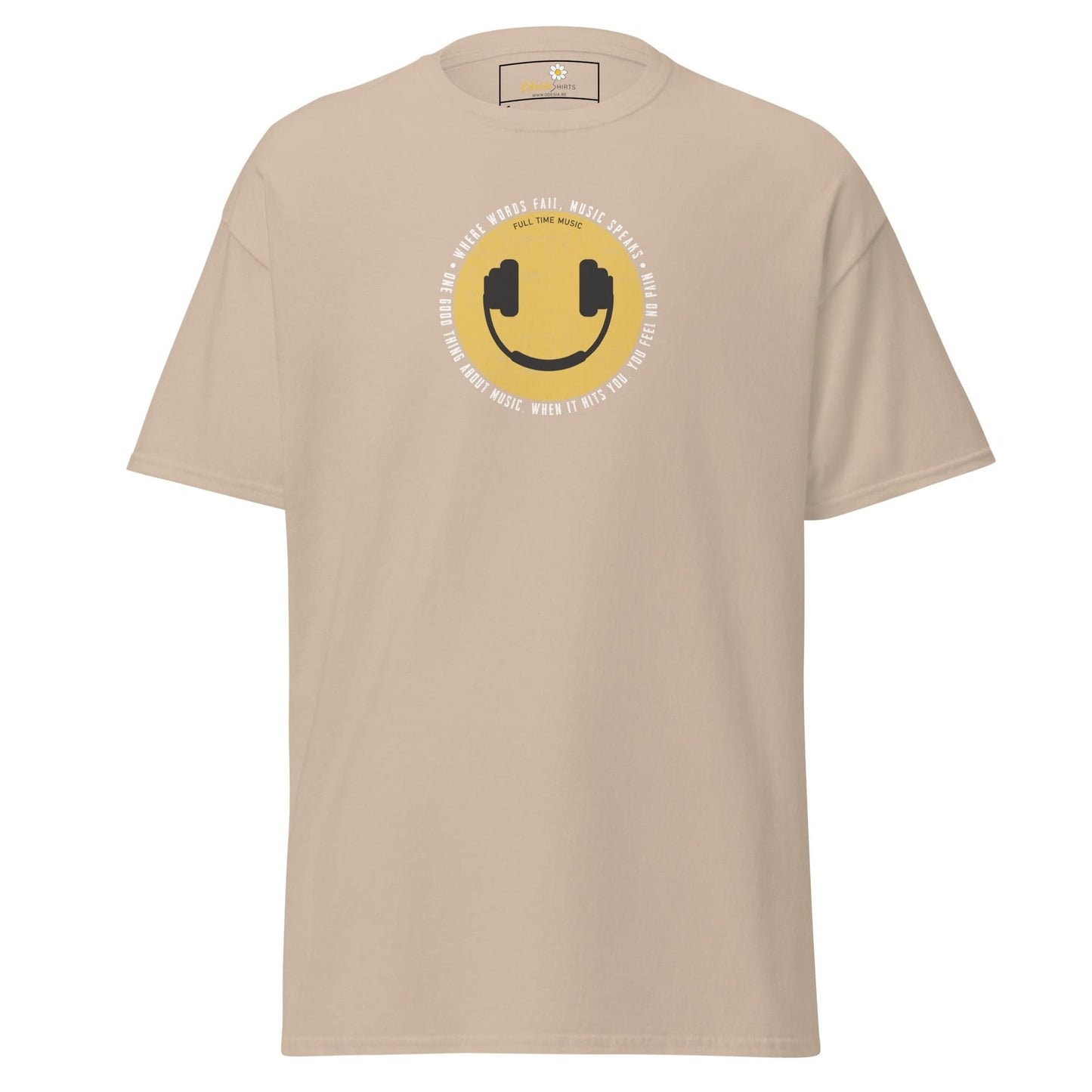 Beige T-shirt with smiley face and headphones for men and women in sizes S to XL