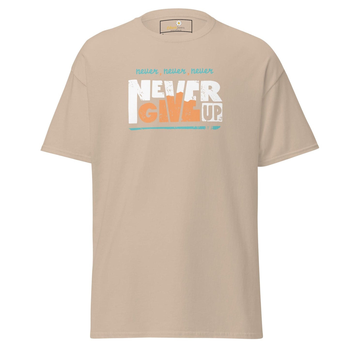 Beige T-shirt with Never Give Up graphic for Men and Women available in size S to XL