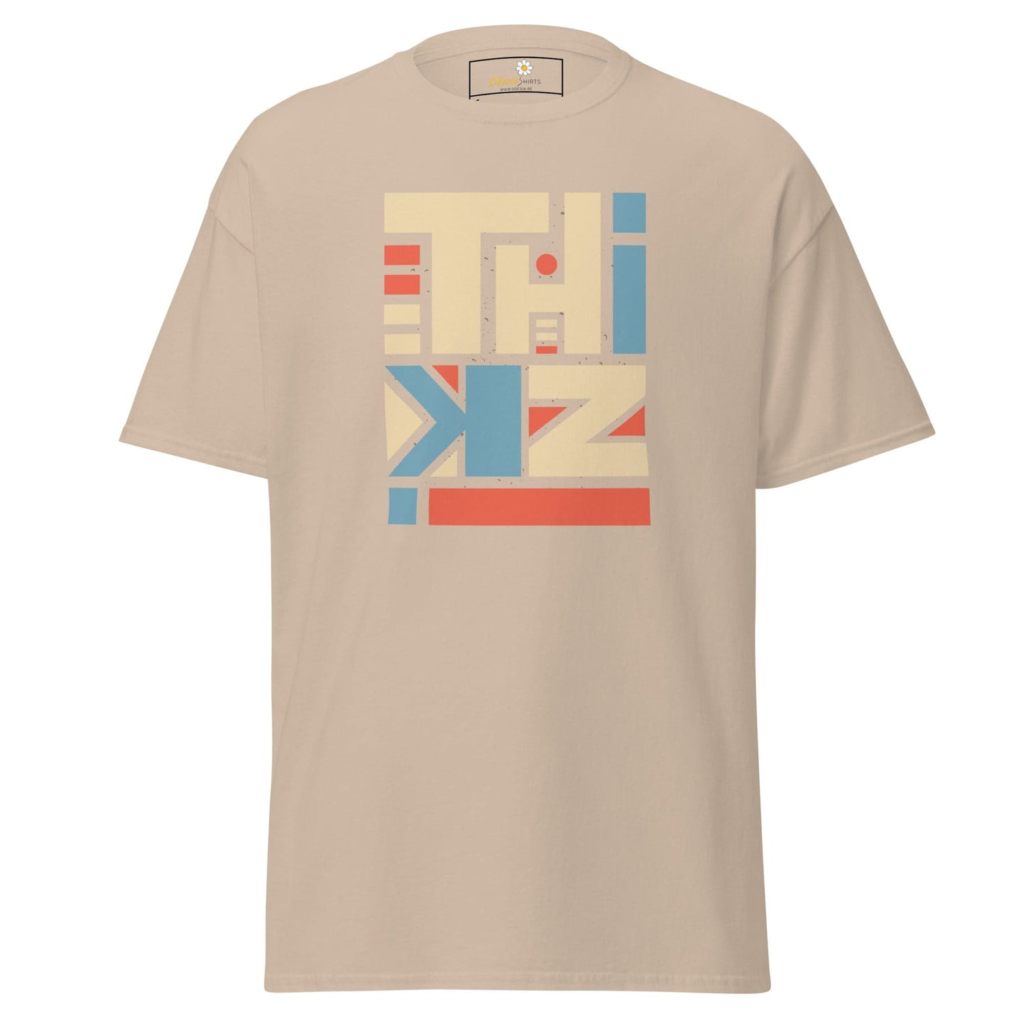Beige T-shirt with colorful graphic design for men and women, available in sizes S to XL