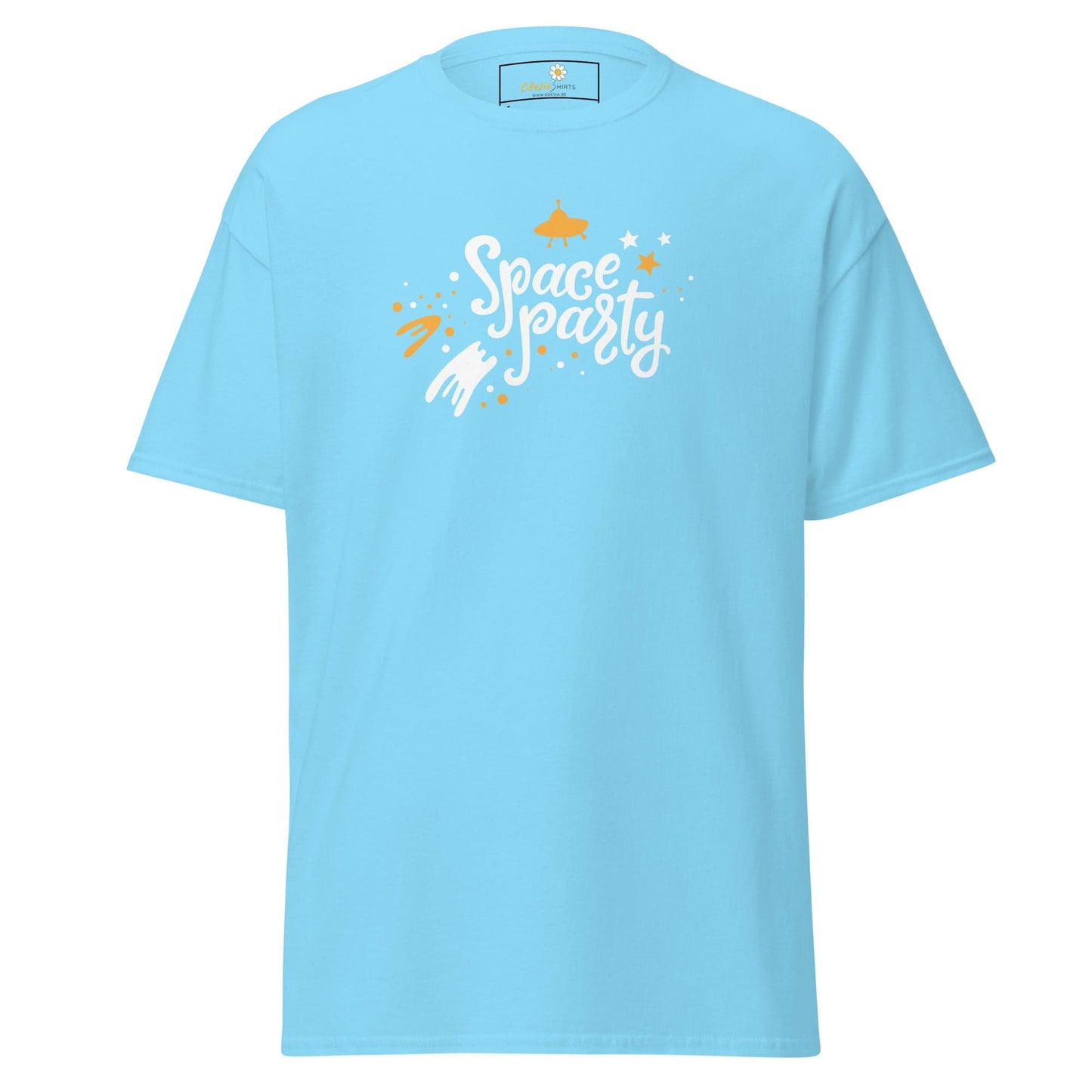 Light blue T-shirt featuring a Space Party graphic for men and women in sizes S to XL