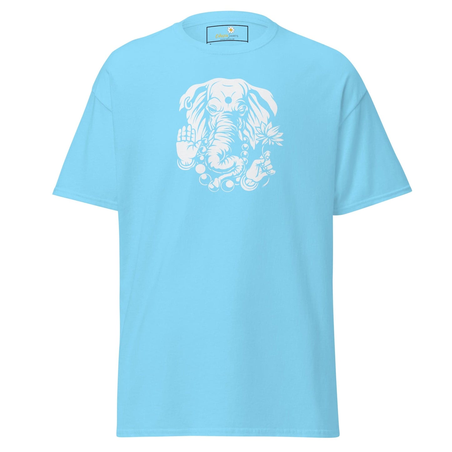 Light blue T-shirt with elephant graphic for Men and Women available in sizes S to XL