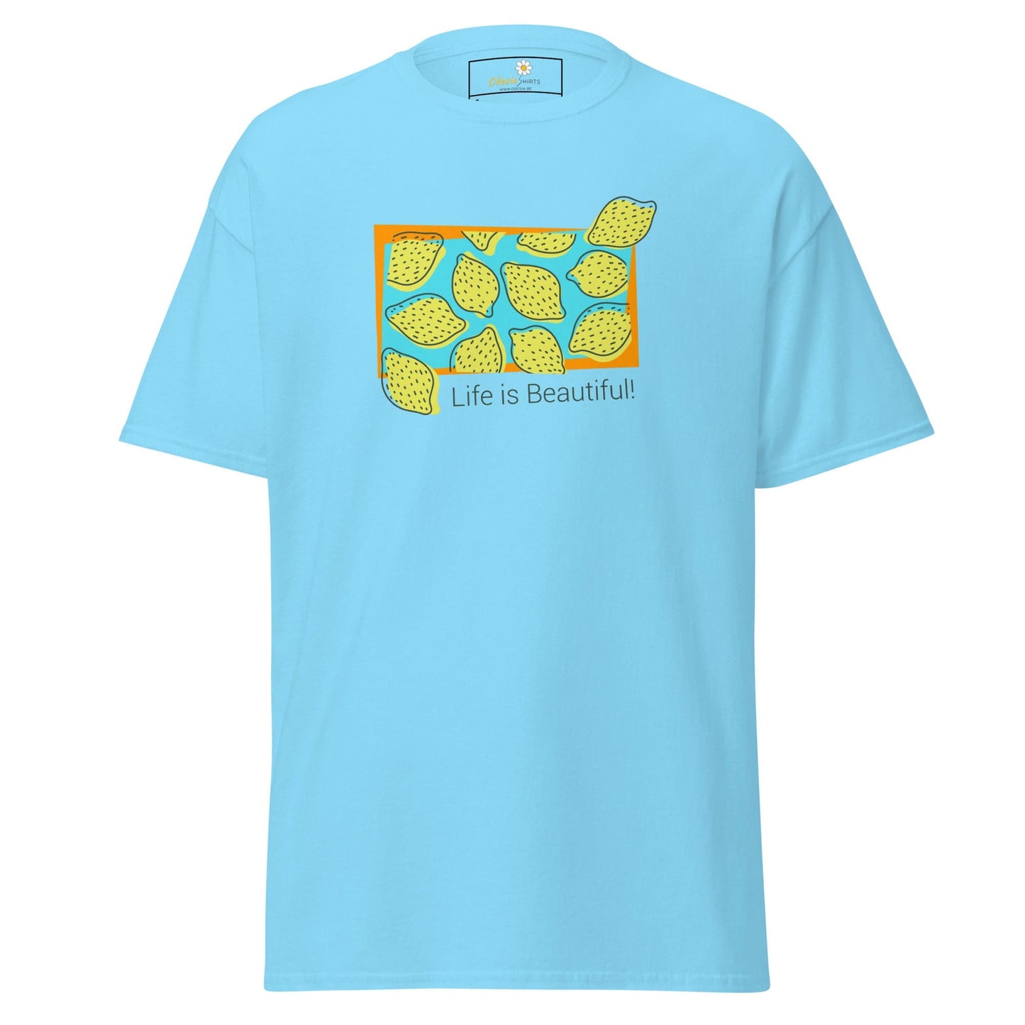 Light blue T-shirt with lemon graphic for Men and Women, available in sizes S to XL