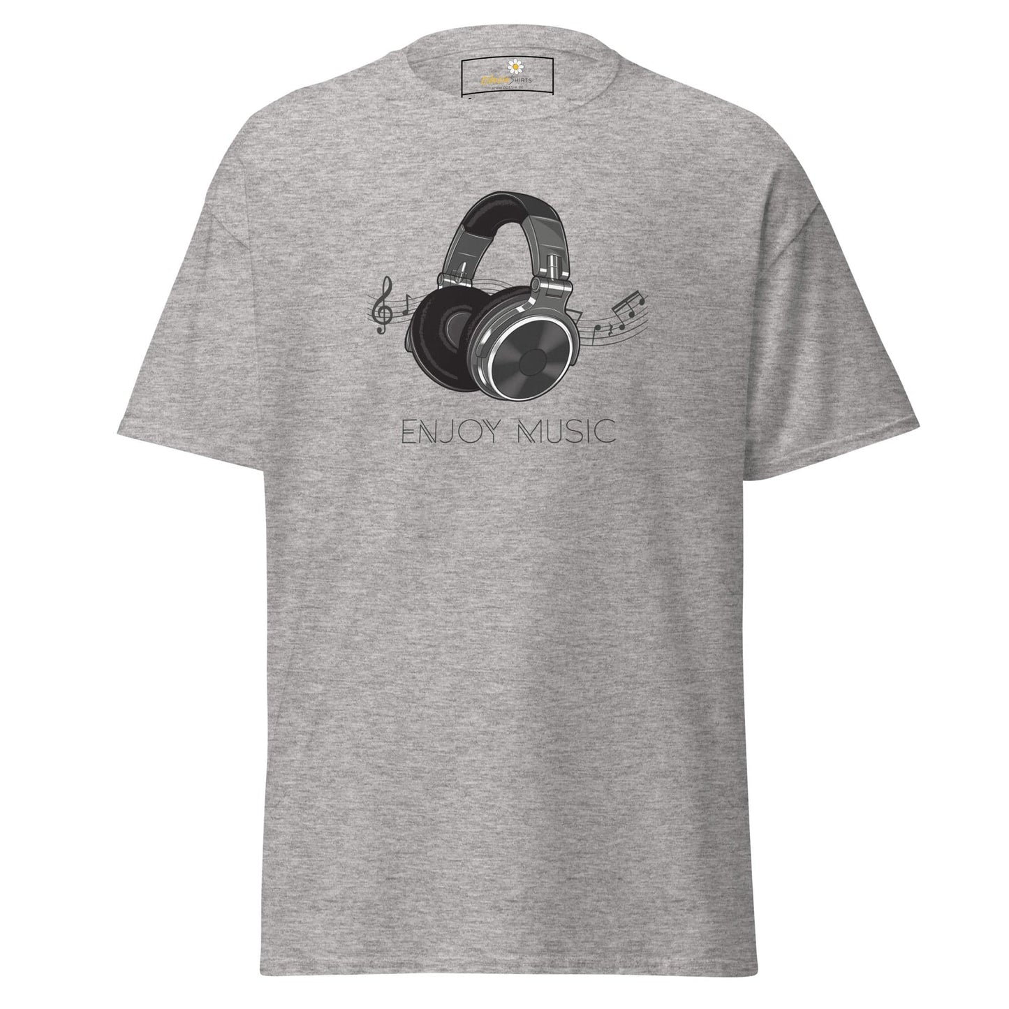 Gray T-shirt with headphone graphic, available in S to XL for men and women