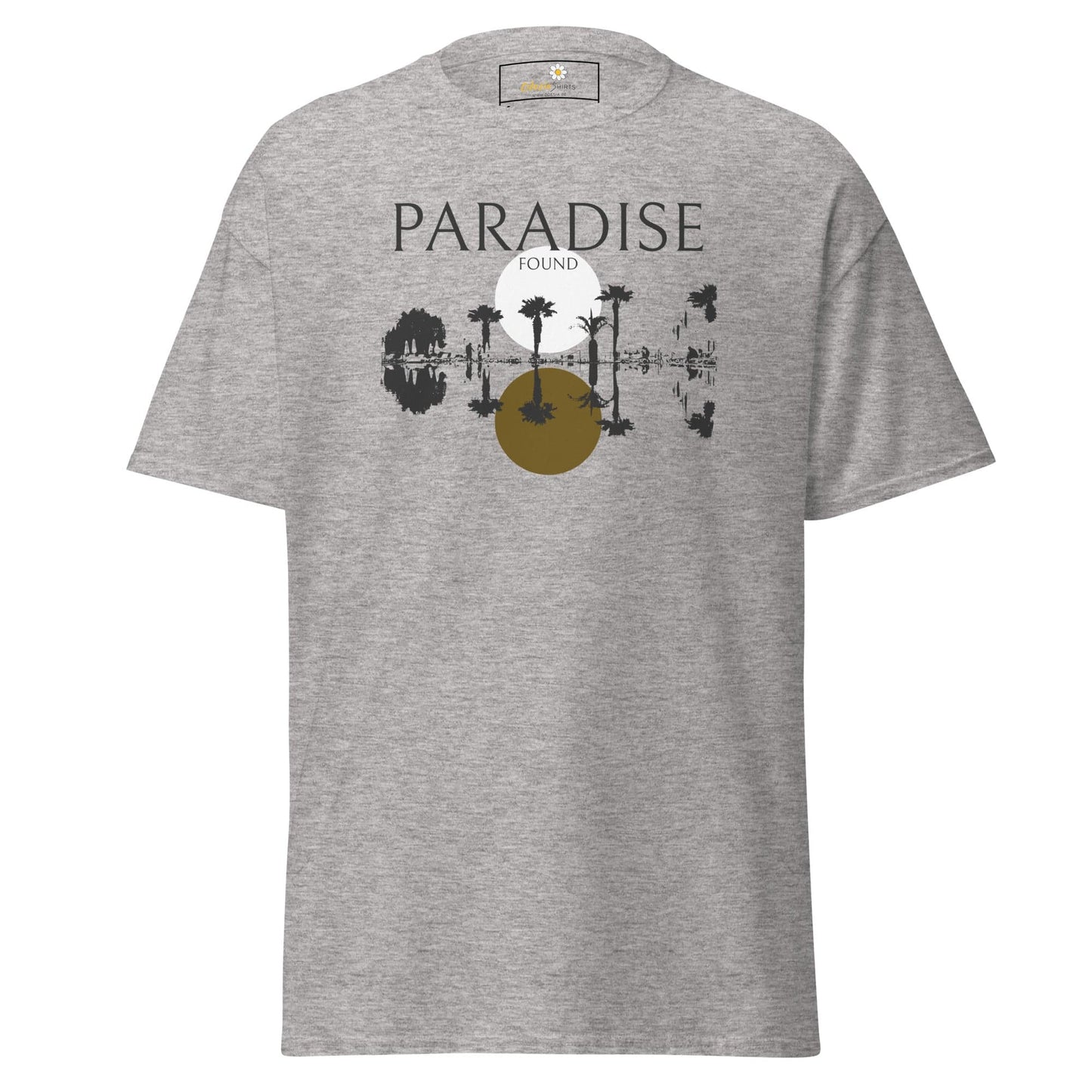 Gray t-shirt with a vibrant paradise-themed graphic for men and women in various sizes