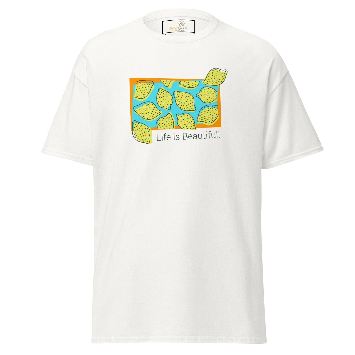 White T-shirt with Lemon graphic, suitable for Men and Women, available in S to XL sizes